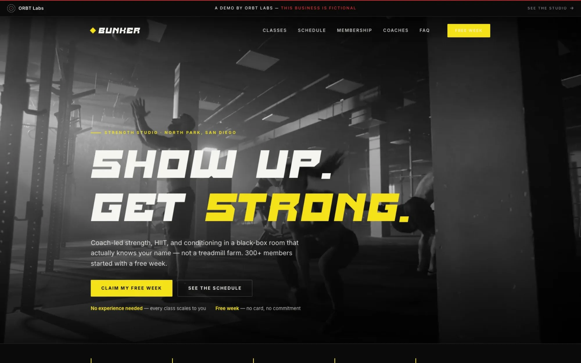 Bunker Strength Co. — a fictional San Diego strength studio demo, black and white with an electric-yellow accent, B&W gym video hero