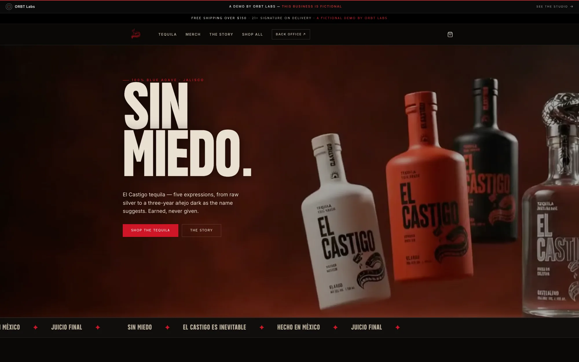 El Castigo — a fictional Jalisco tequila brand demo store, near-black and blood-red with oversized condensed display type and a bottle-lineup hero