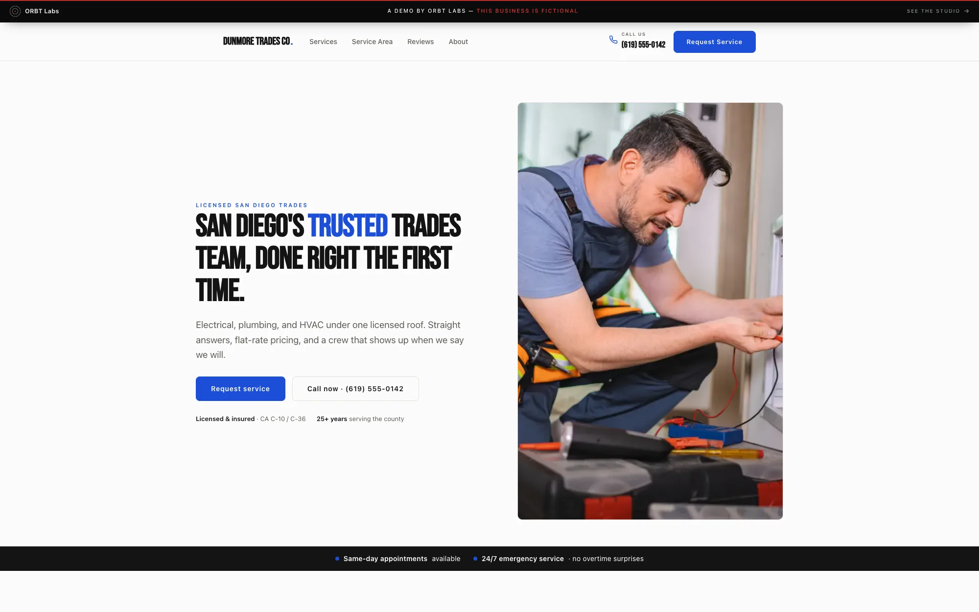 Dunmore Trades Co. — a fictional San Diego home-services contractor demo site, clean white with trades blue and bold condensed display type, a technician servicing a job on the hero