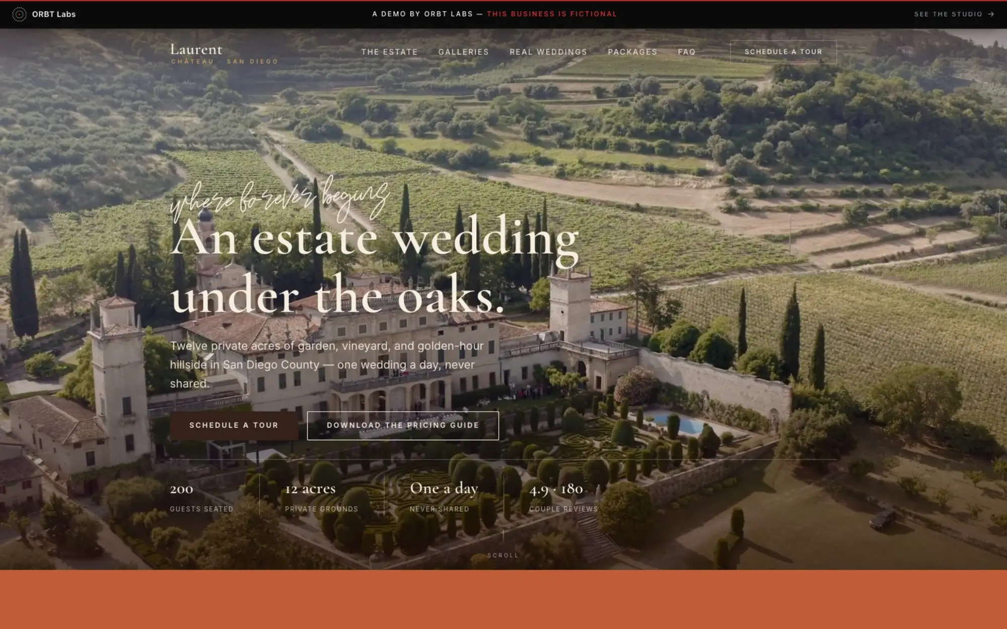 Laurent Château — a fictional San Diego estate wedding venue demo, terracotta and cream, aerial vineyard-estate video hero