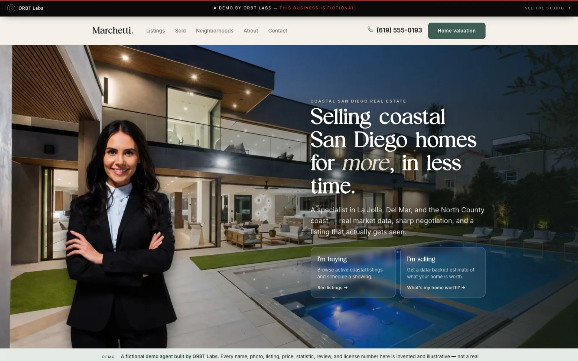 Sloane Marchetti — a fictional coastal San Diego real-estate agent demo, warm limestone and teal-green editorial, agent-and-listing hero