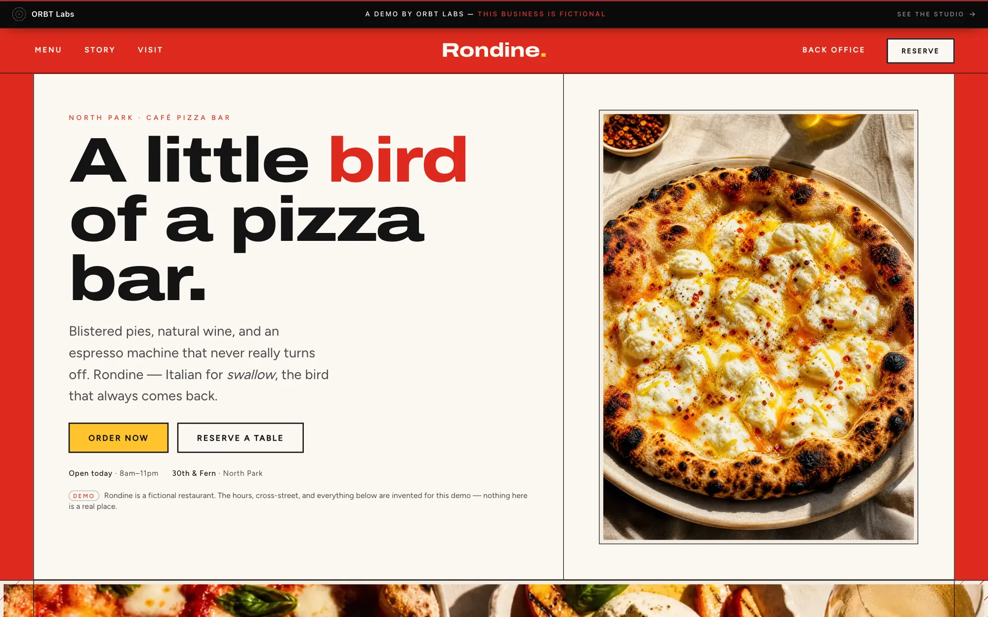 Rondine — a fictional North Park café pizza bar demo site, warm cream and red, with a wood-fired pizza hero