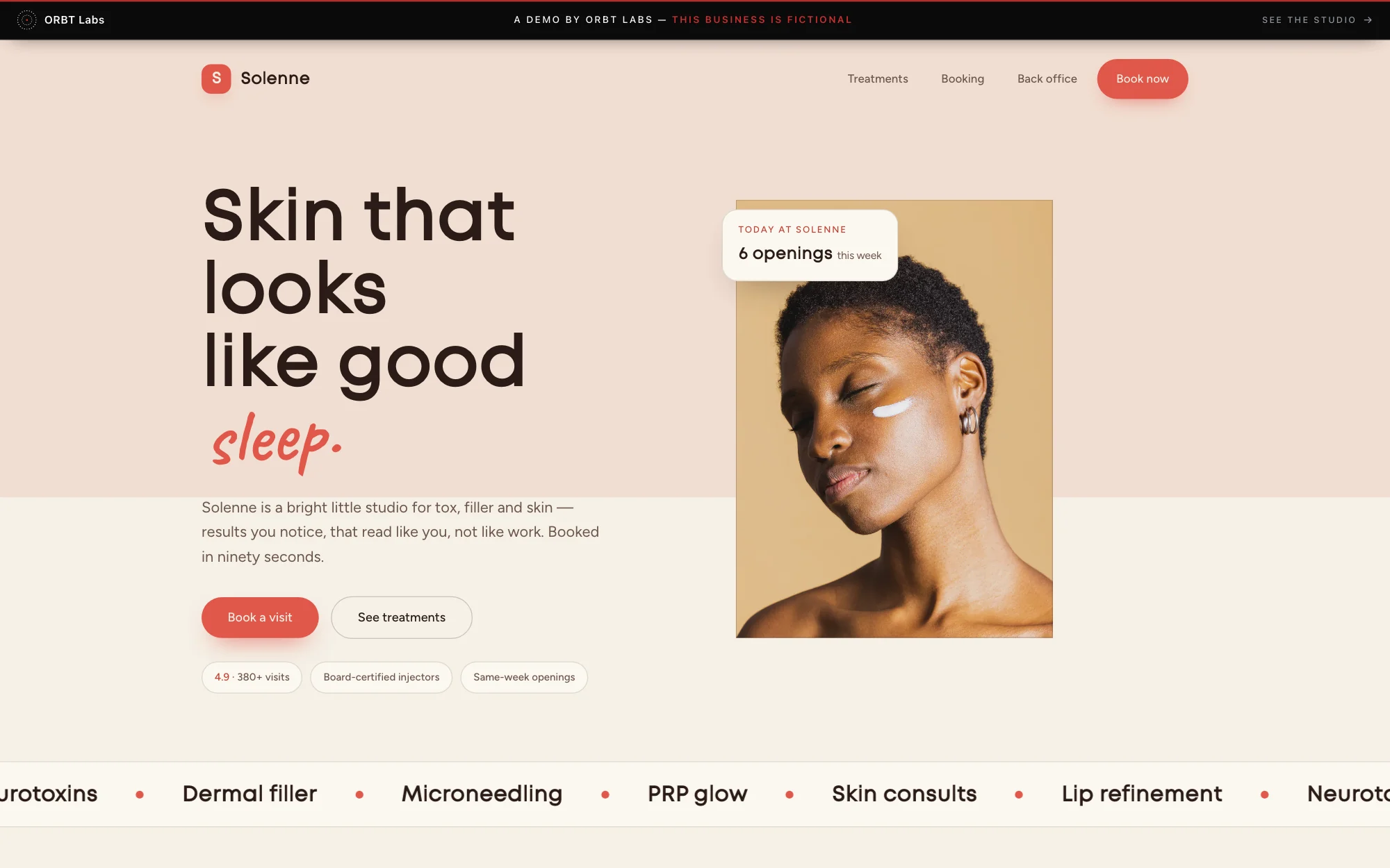 Solenne Aesthetics — a fictional San Diego med spa demo site, deep navy and gold, calm editorial layout